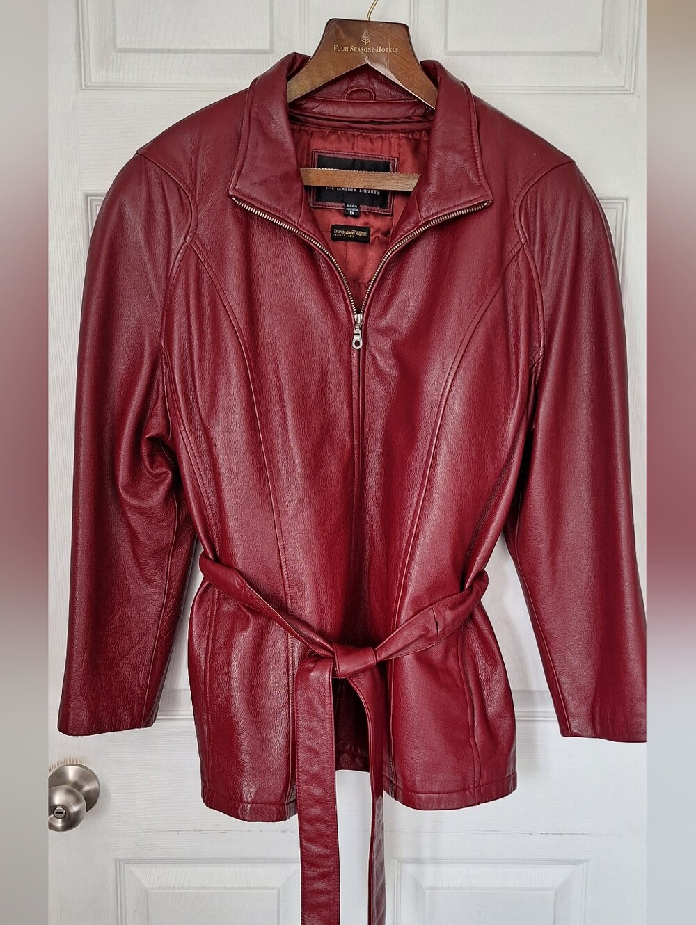 Wilsons Leather 1X Burgundy Red Belted Leather Jacket Zip-Out Liner
